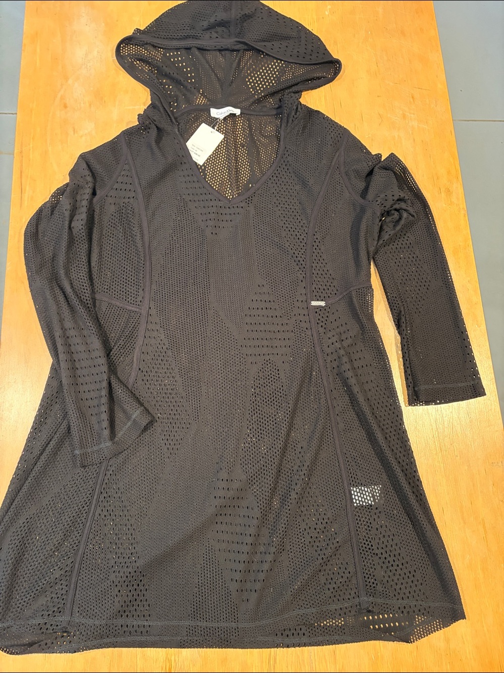 Calvin Klein ~ Black Cover up Swim Long style semisheer Perforated hooded